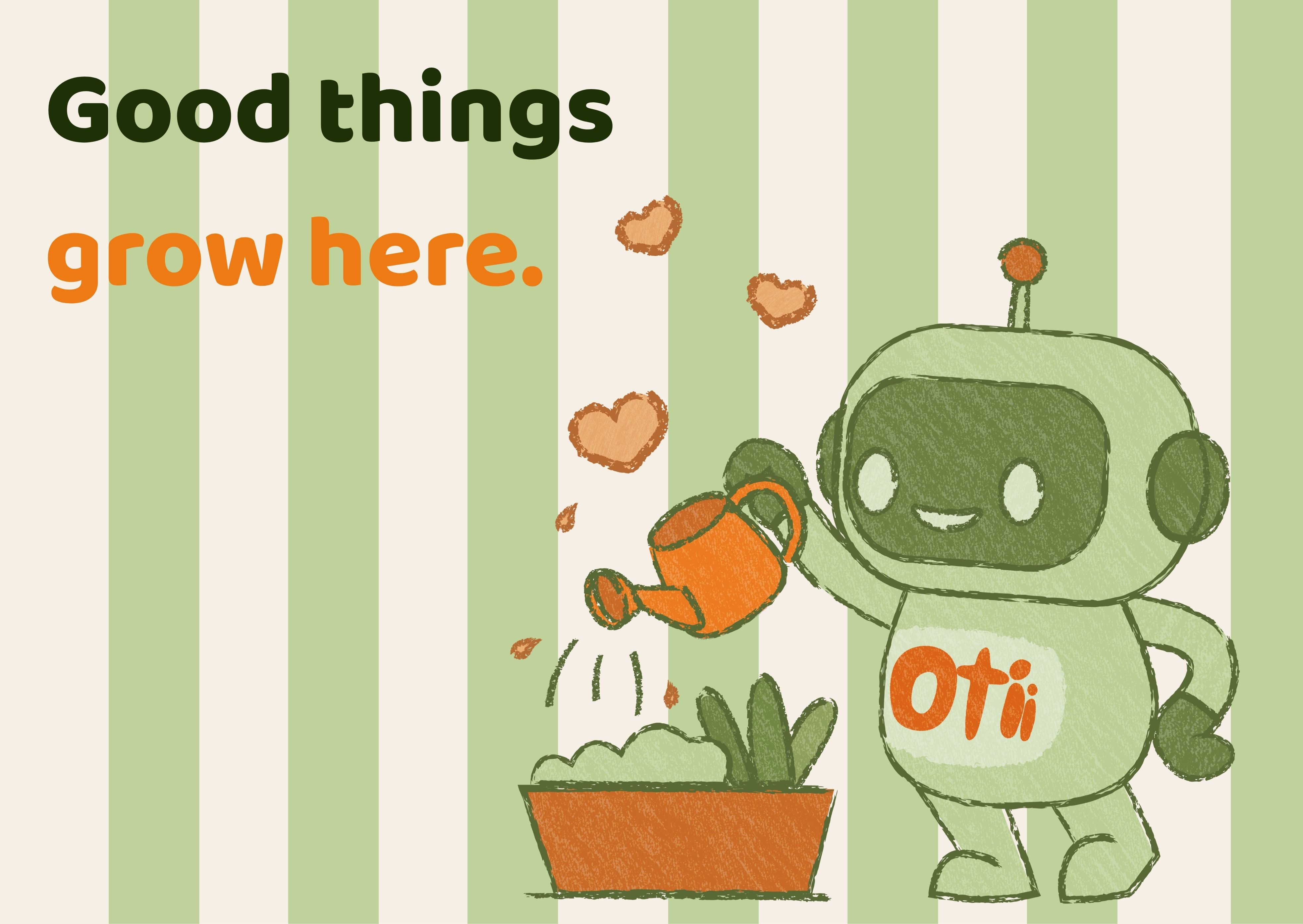 Otii the mascot watering the plants