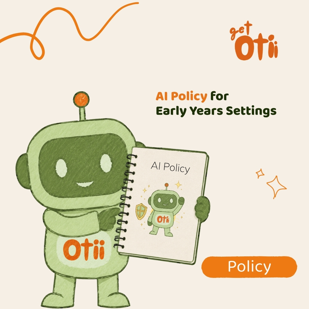 Otii mascot holding a notebook titled "AI Policy," tagged "Policy"